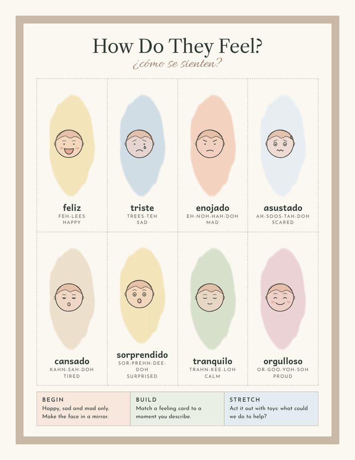 Feelings cards with faces and Spanish words